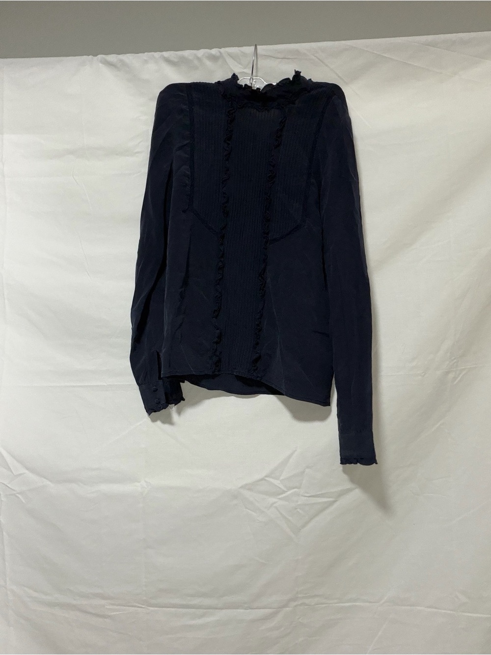 Sezane Navy Ruffle-Trim Long Sleeve Blouse